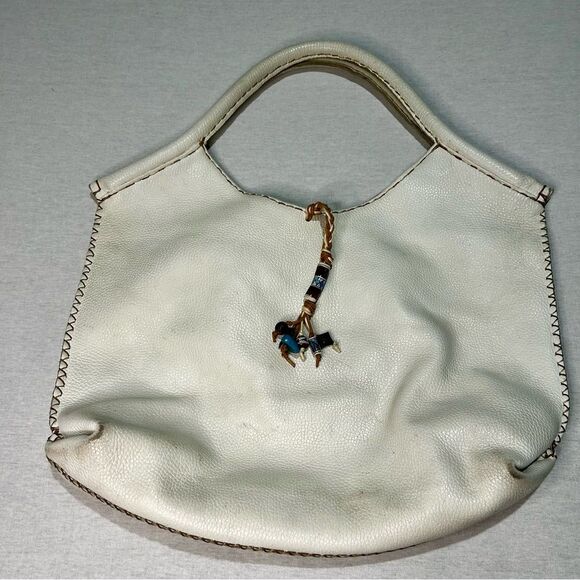 Francesca Goi Hobo Bag in White Pebbled Leather, Roomy, Boho, Beaded Tassels